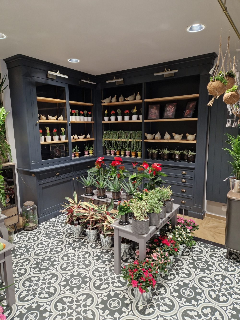 Agencement sur mesure d’un magasin de fleurs avec grande bibliothèque du sol au plafond, plantes et objets de décoration. 
