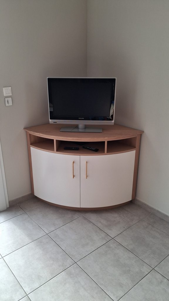 Meuble de salon sur mesure adaptée aux dimensions de la pièce avec 2 portes et étagères