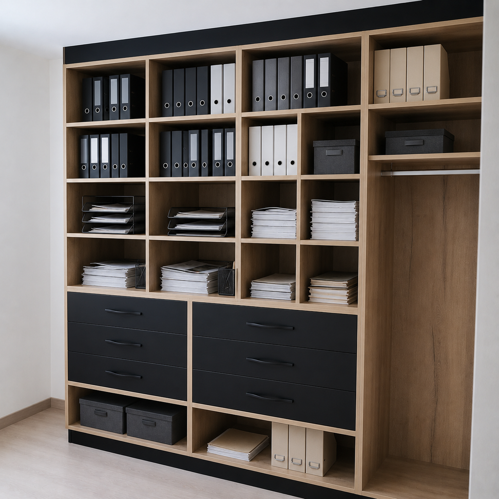 Aménagement de bureau sur mesure avec étagères et tiroirs et un coin penderie