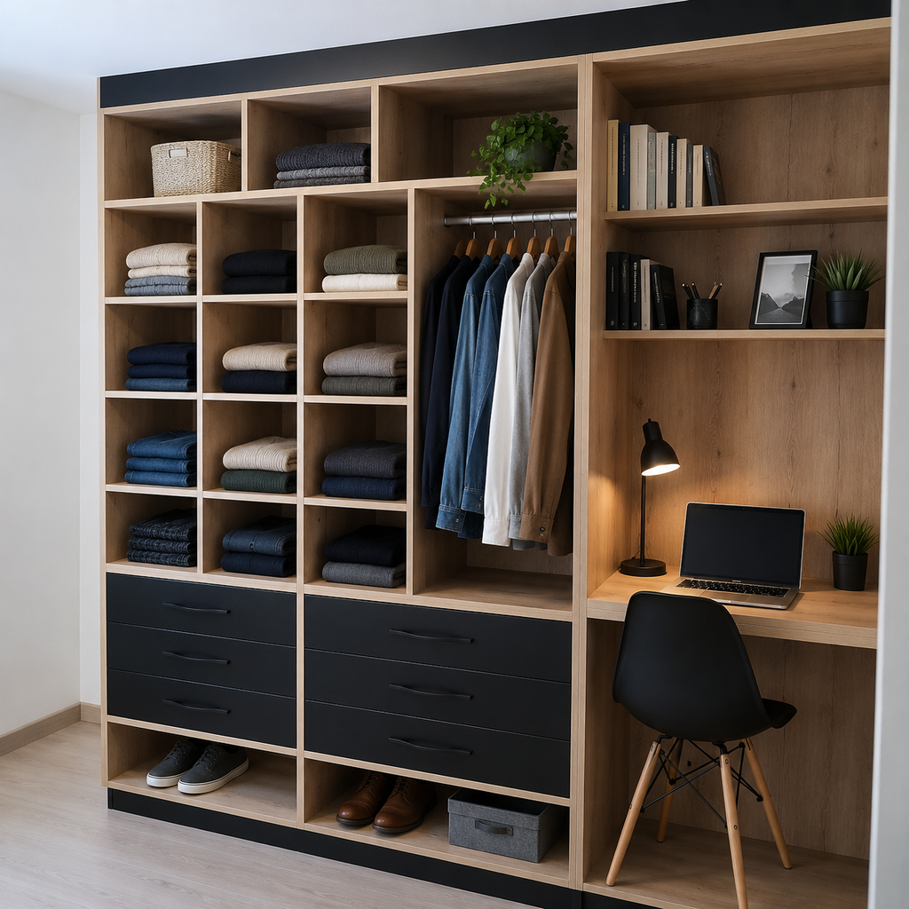 Dressing ouvert , aménagement en étagères, tiroirs et penderie fixe et petit coin bureau  